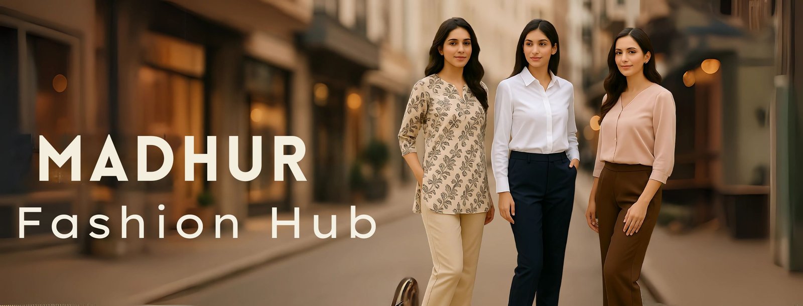 Three modern Indian women wearing ethnic and western wear from Madhur Fashion Hub in a city street background