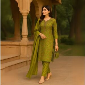 Nooré Radiance Mirror Work Silk Kurti Set – Luxe 3-Piece Festive Elegance"