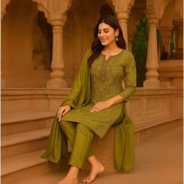 Nooré Radiance Mirror Work Silk Kurti Set – Luxe 3-Piece Festive Elegance" - Image 2