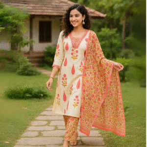 Elegant Cotton Cambric Kurti Set with Mirror Work & Silver Zari Embroidery