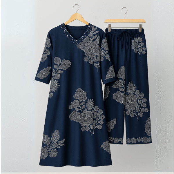 Midnight Bloom Heavy Rayon A-Line Kurti Set with Plazo – Elegant Mirror & Moti Neck Work - Image 3