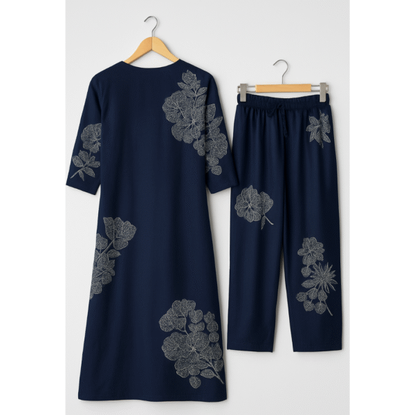 Midnight Bloom Heavy Rayon A-Line Kurti Set with Plazo – Elegant Mirror & Moti Neck Work - Image 4