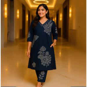 Midnight Bloom Heavy Rayon A-Line Kurti Set with Plazo – Elegant Mirror & Moti Neck Work