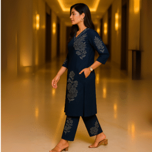 Midnight Bloom Heavy Rayon A-Line Kurti Set with Plazo – Elegant Mirror & Moti Neck Work