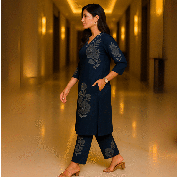 Midnight Bloom Heavy Rayon A-Line Kurti Set with Plazo – Elegant Mirror & Moti Neck Work - Image 2
